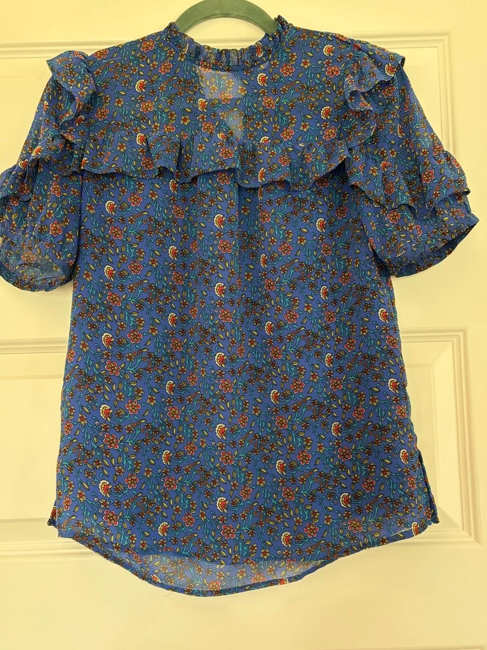Loft Bright Blue Floral Ruffle Short-Sleeve Feminine Blouse XS